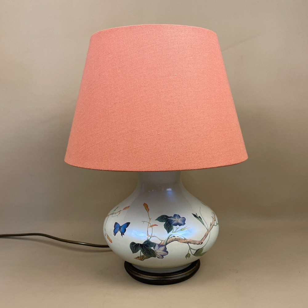 Vintage Ceramic Lamp Bedside Table Light Butterfly Pattern Cream Coral Lampshade