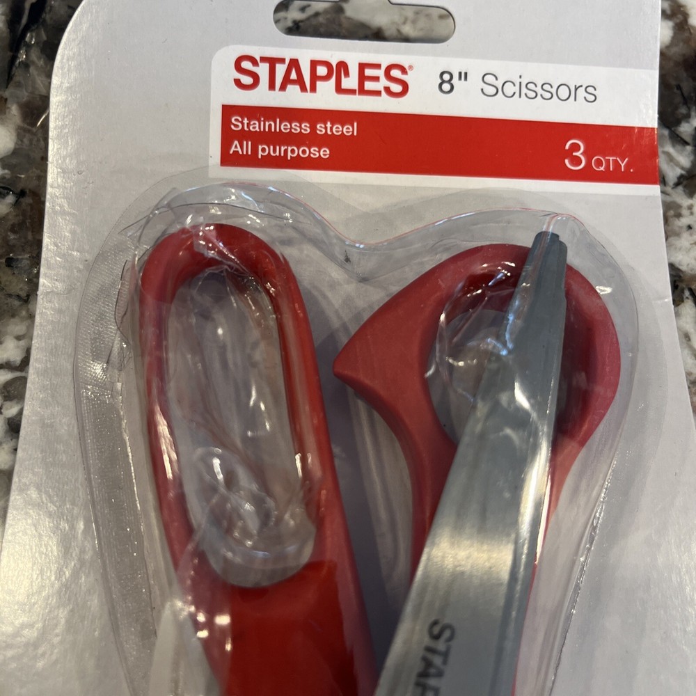 Staples 8" Bent All-Purpose Scissors, 3-Pack, Assorted Colors