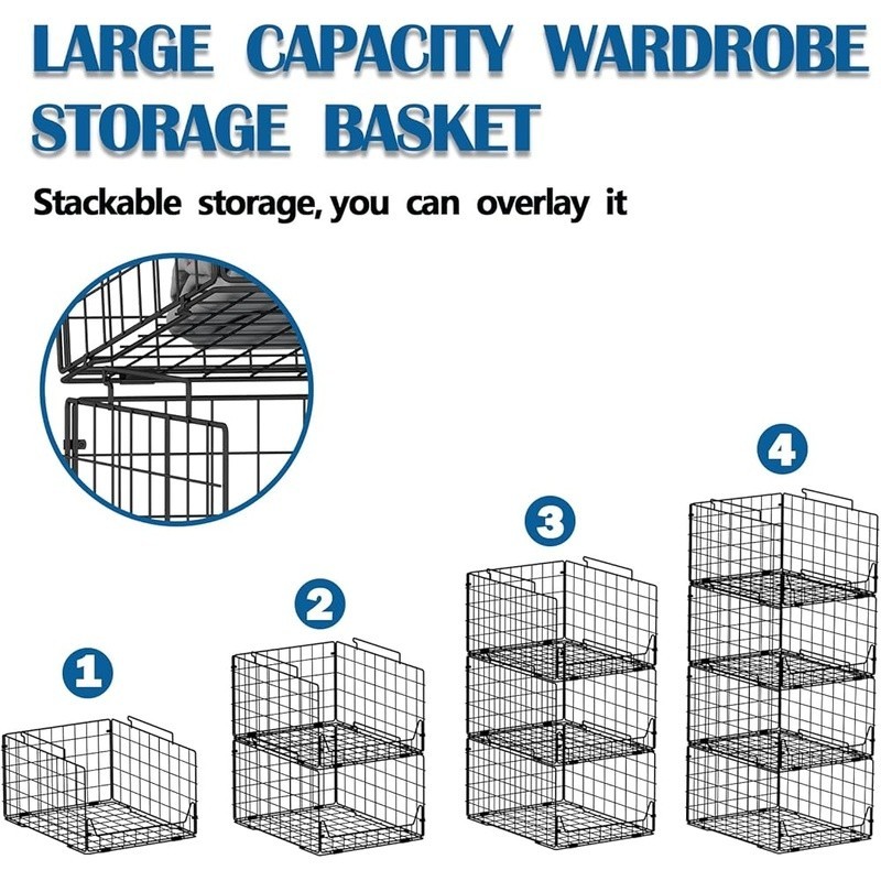 Stackable Storage Baskets Set of 4 Durable Closet Organizer Easy Foldable Use