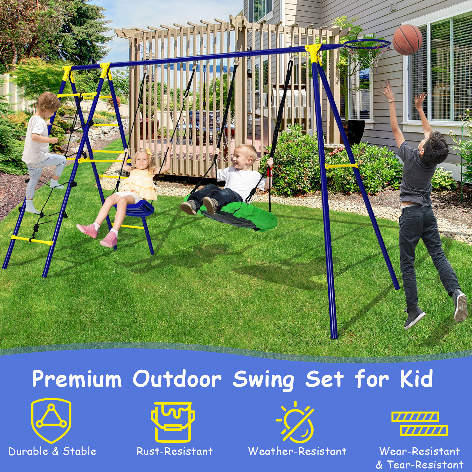 5-In-1 Outdoor Kids Swing Set W/ Heavy Duty Swing Frame & Ground Stakes Backyard