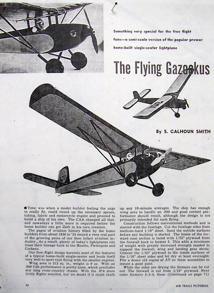 FLYING GAZOOKUS PLAN + CONSTRUCTION ARTICLE for 1/2-A FF / RC Model Airplane