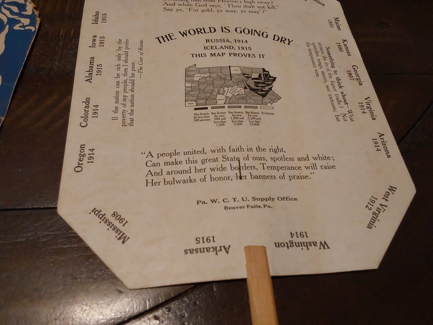 1916 2 Hand Fans WCTU Prohibition Anti Liquor "The World Is Going Dry"