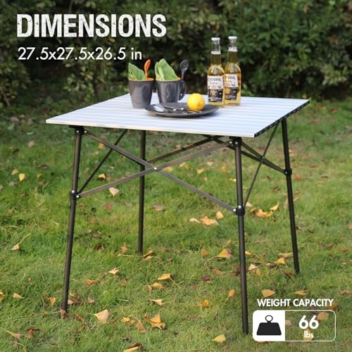 Lightweight Aluminum Folding Square Table Roll Up Top 4 People Compact Silver
