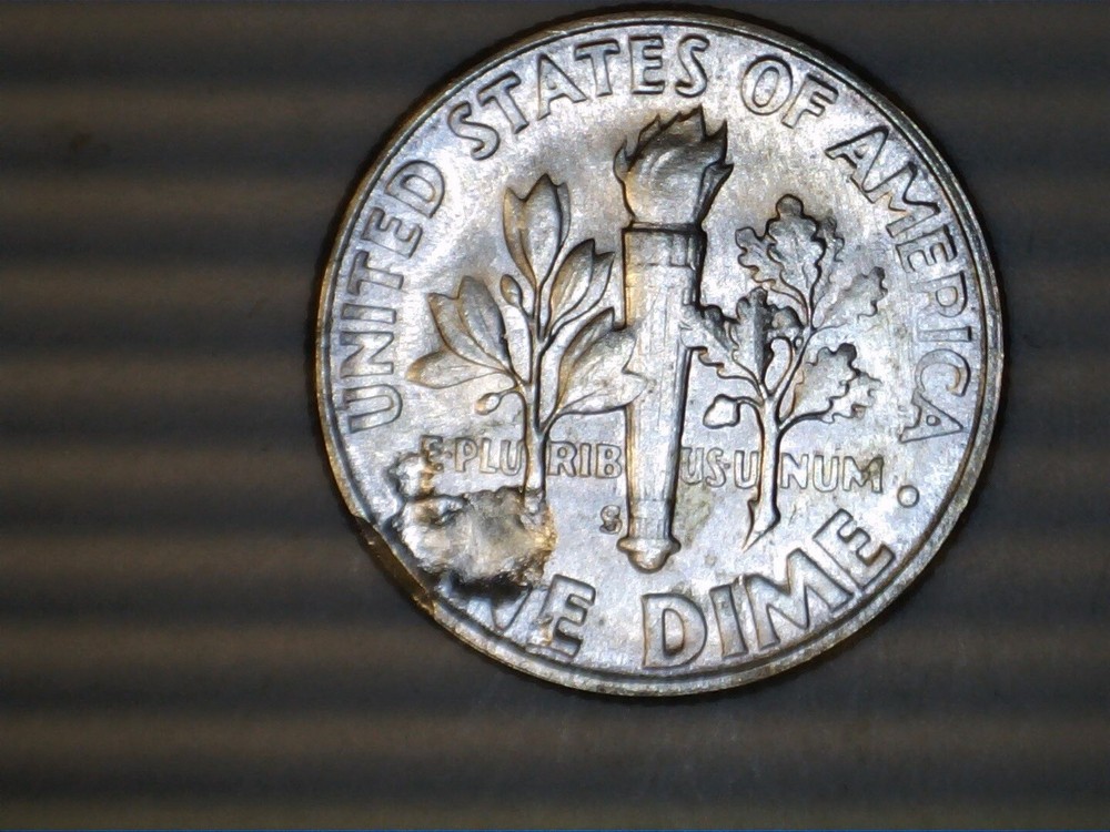 1955s Bu Roosevelt dime Error cracked planchet reverse