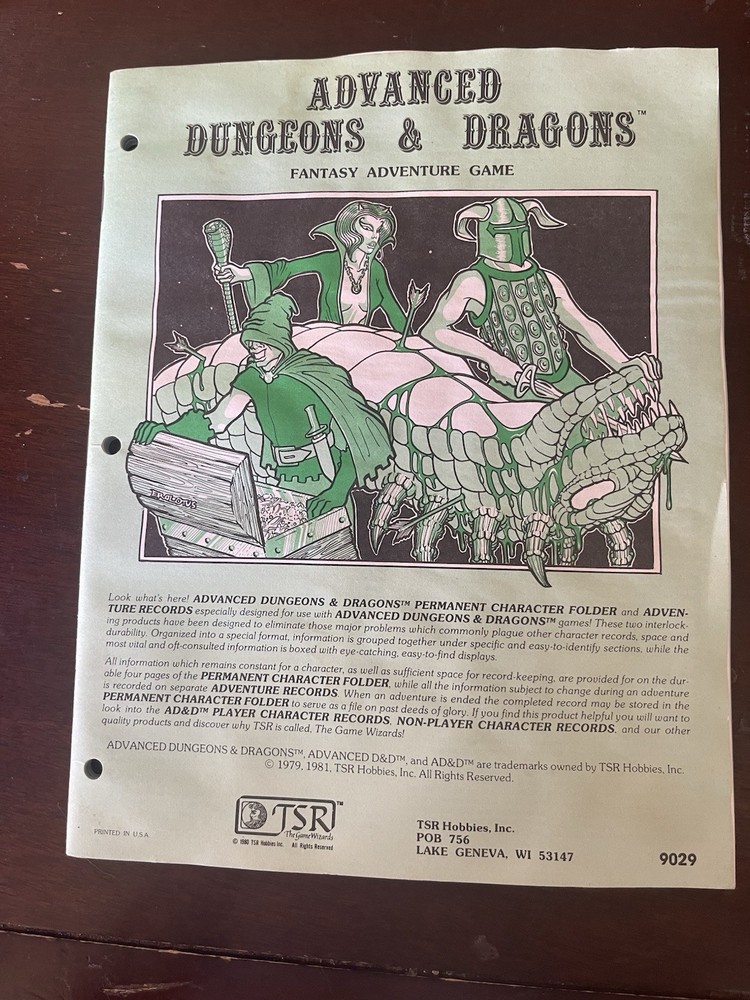 TSR: AD&D 1E Player's Supplement - PERMANENT CHARACTER FOLDER