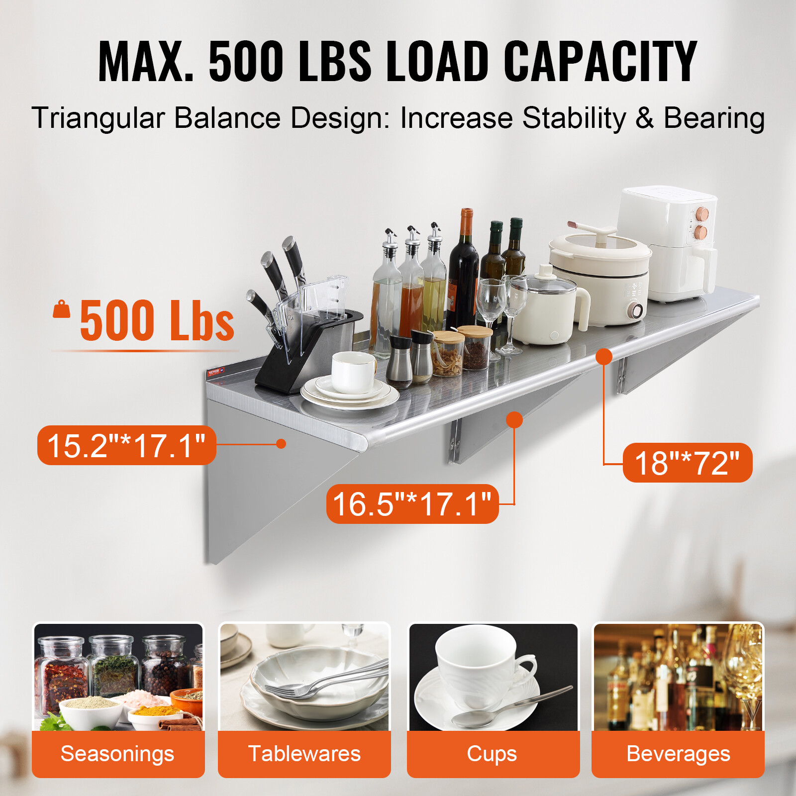 VEVOR 18" x 72" Stainless Steel Wall Mounted Shelf Kitchen Restaurant Shelving