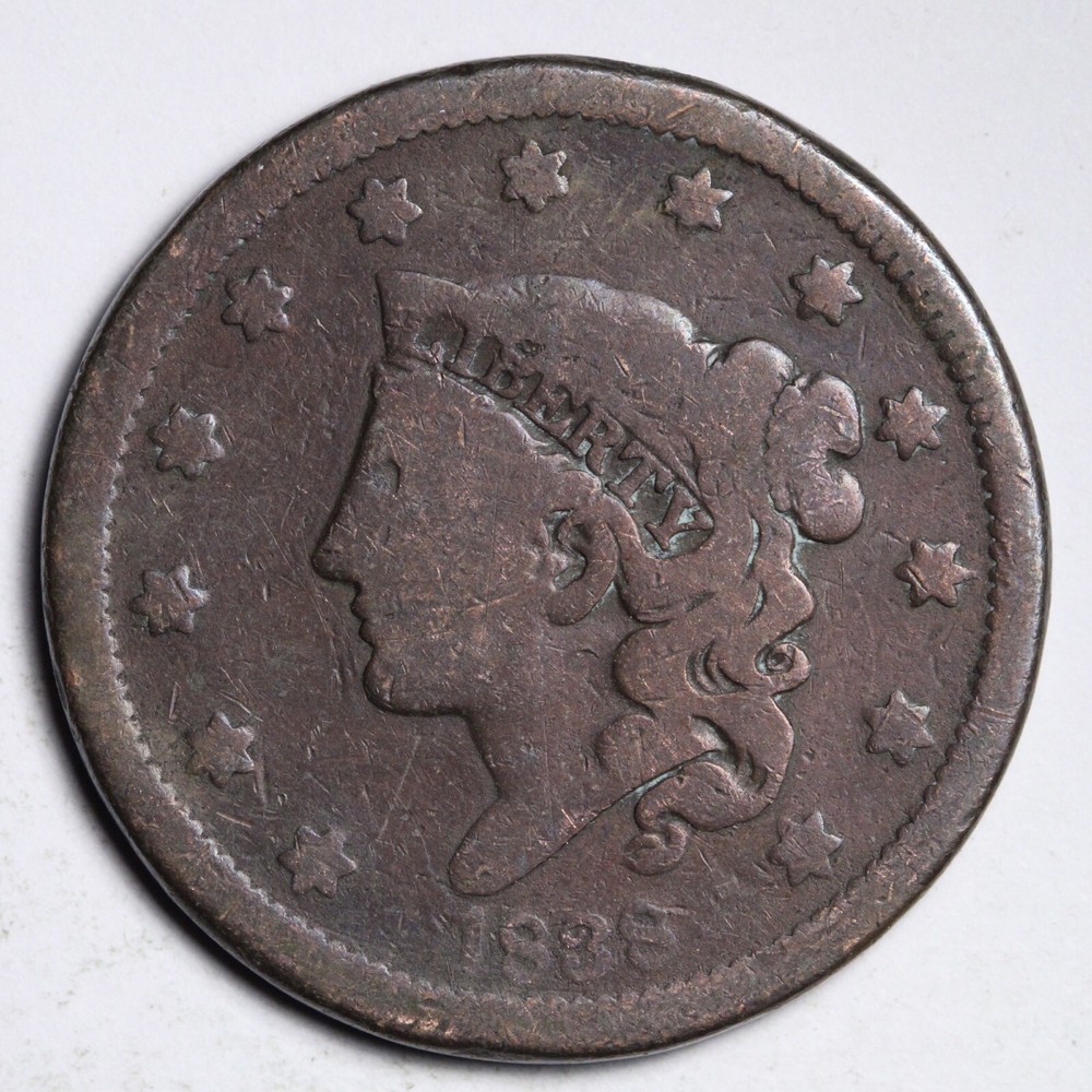 1838 Coronet Head Large Cent CHOICE VG E209 RCH