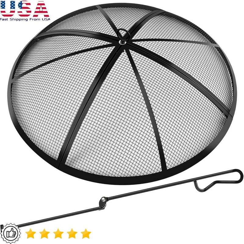 Stainless Steel Fire Pit Spark Screen W/ Foldable Poker & Tight Mesh Design New