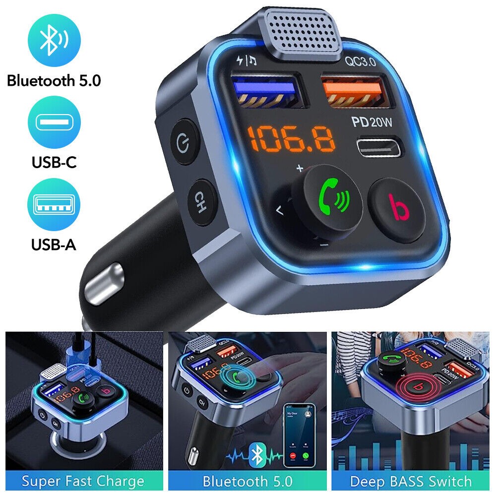 Bluetooth FM Transmitter Car Adapter QC3.0 PD 20W USB Charger FM Radio Handsfree