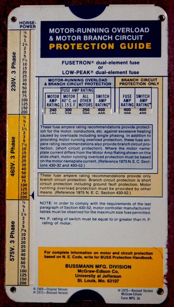 BUSS Motor Running Overload Prtection Guide 1975