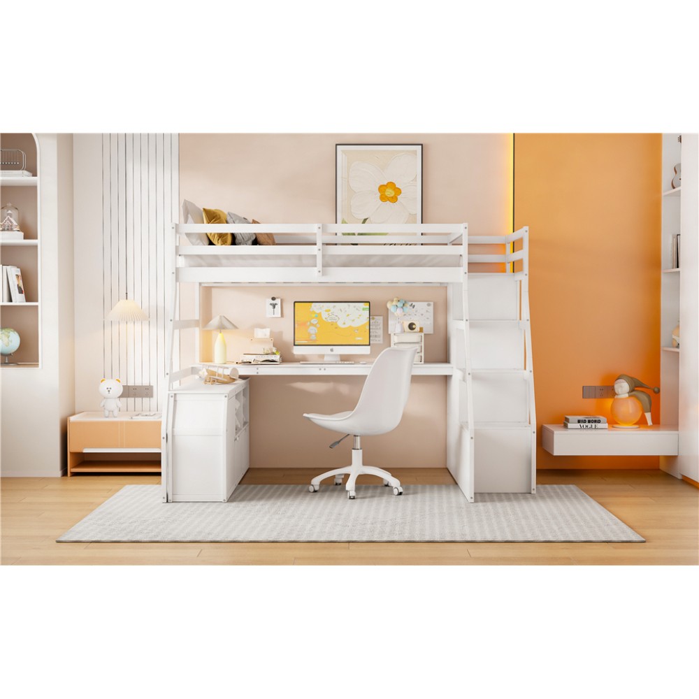 Full Loft Bed w/ Desk & Storage - White - Sturdy Pine Frame