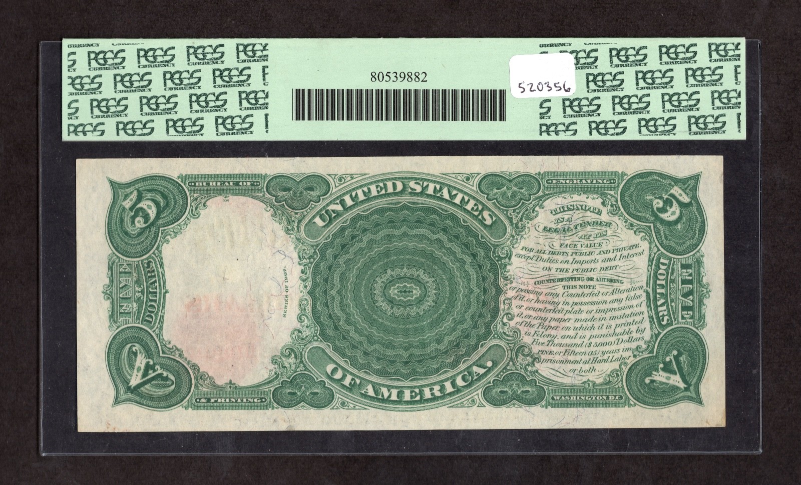 1907 $5 "Woodchopper" Legal Tender Fr. 87 - PCGS 64