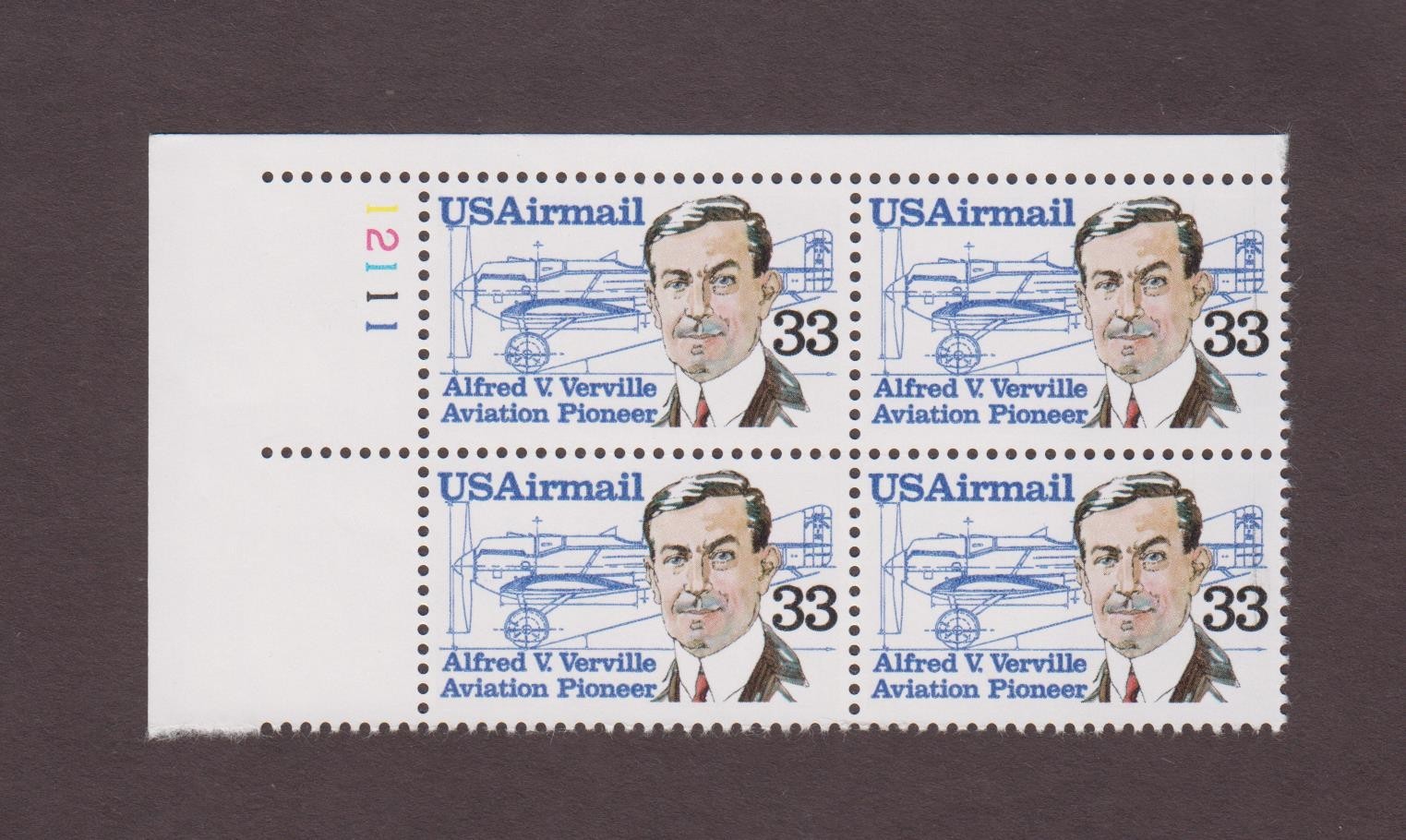 US, C113, ALFRED VERVILLE, VINTAGE, AIRMAIL, MINT NH, PLATE BLOCK
