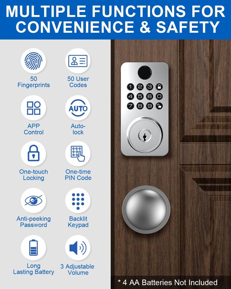 Fingerprint Door Lock Deadbolt with Handle Set – Smart Keyless Entry Silvery