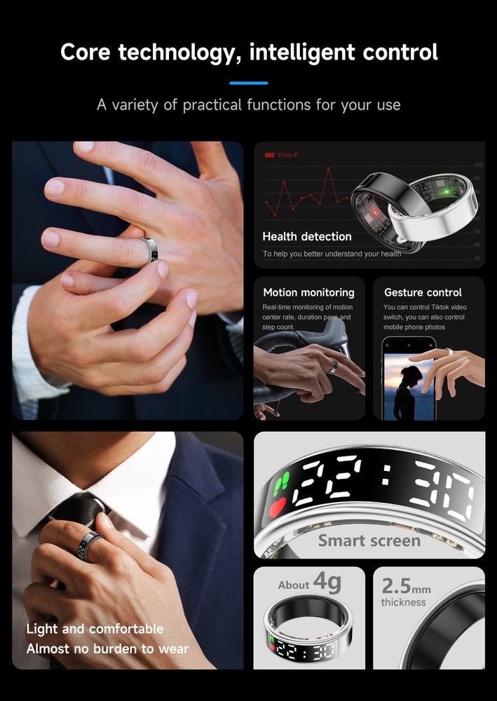 SR08 Mini Smart Ring Display Screen Touch Sensing IP68 HR Blood Oxygen cg