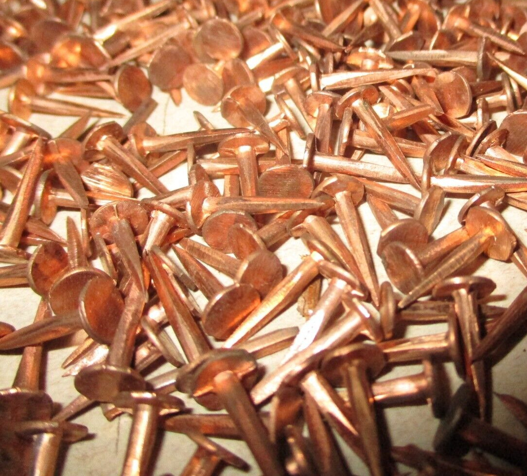 50-VINTAGE 1/2” LONG SOLID COPPER TACKS sharp point's 7/32” WIDE flat head, NOS