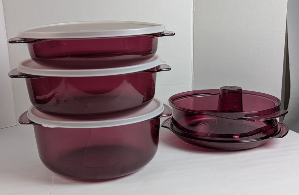 Tupperware Microwave Steamer Stack Cooker 9 Pc Set Cranberry Chimney Complete