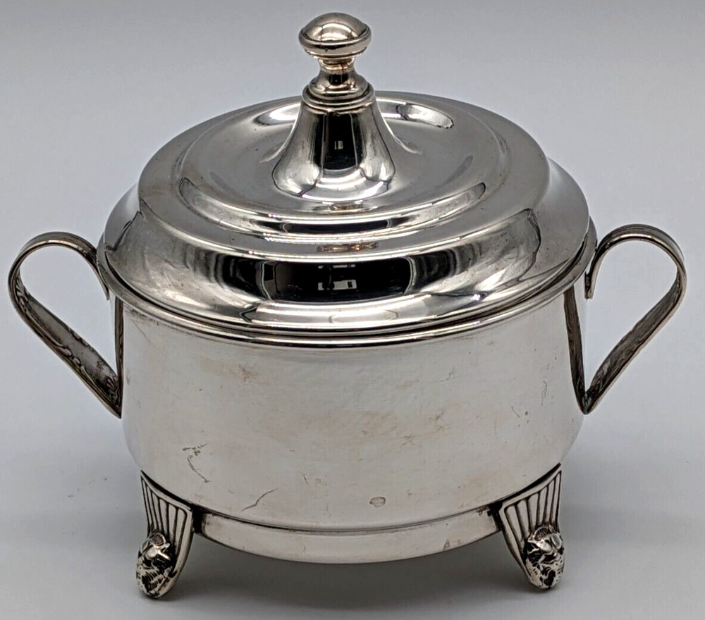 Large Silver Plated Footed Covered Handled Sugar Bowl