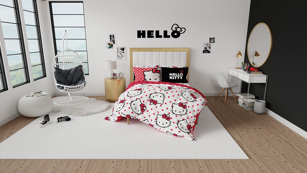 Hello Kitty 7 Piece Queen Size Bedding Set Microfiber Reversible Comforter