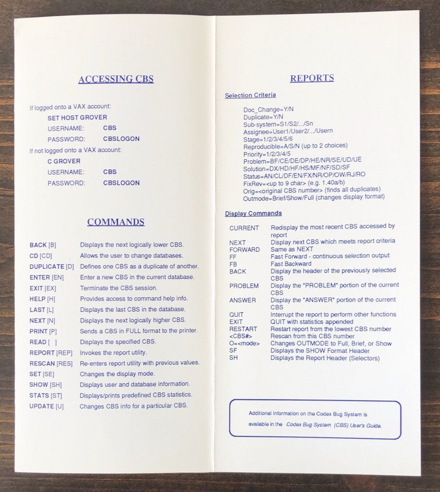 Codex - The Codex Bug System (CBS) Reference Card