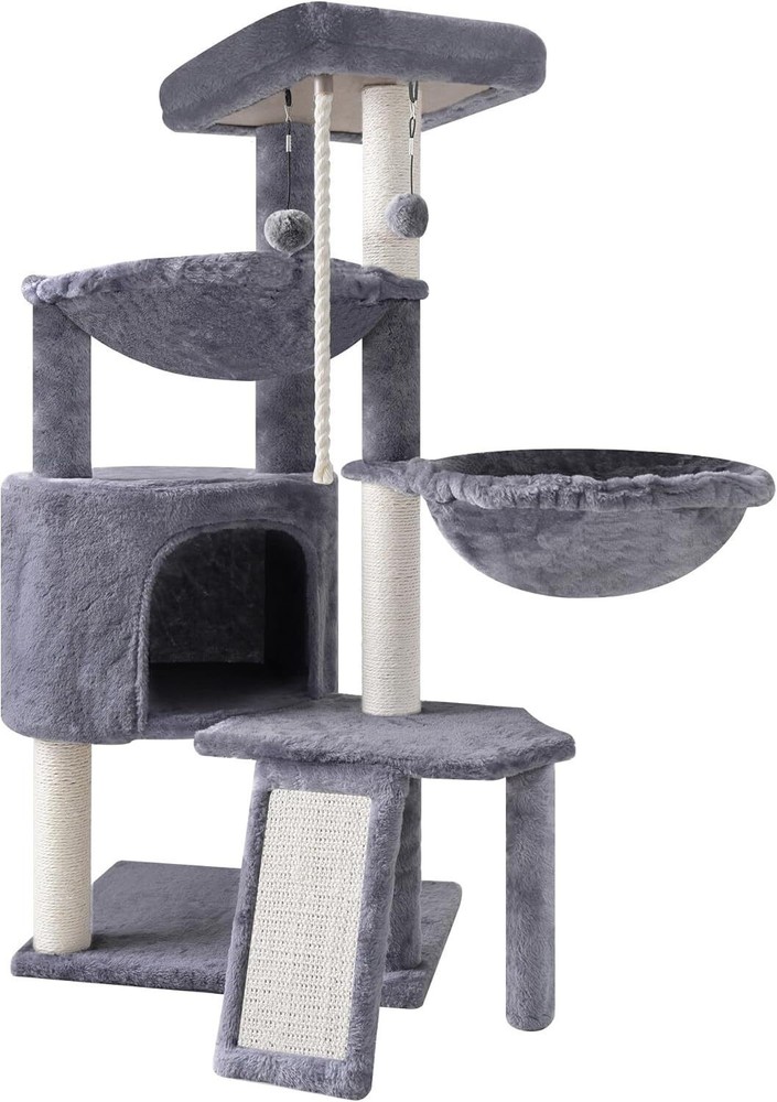 3-Layer Cat Tree Multi-Level Activity Center Cat Condo and Two Hammocks Grey