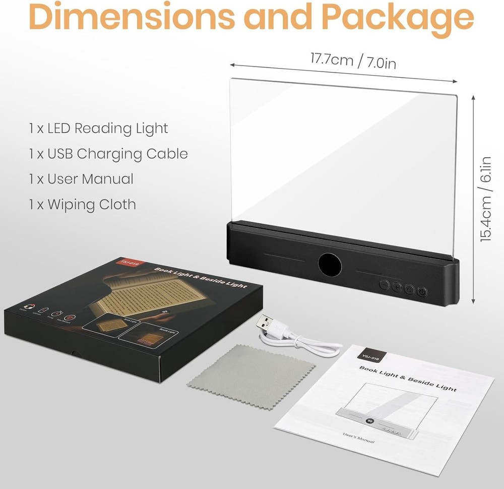 Book Light, Rechargeable Clear LED Flat Reading Light with 3 Colors Timer