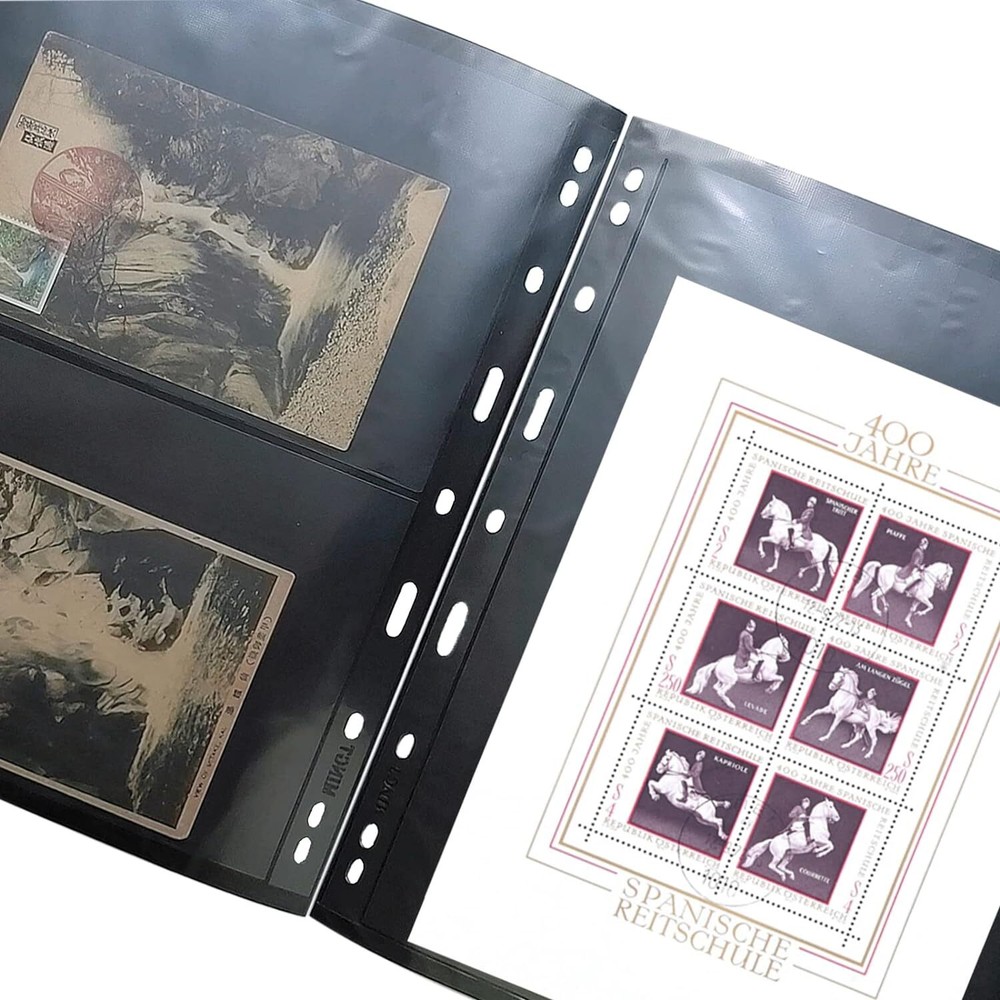 10 Sheets Stamp Album Stock Page 1 Strips Black Double Sided 9 Page Binder Holes