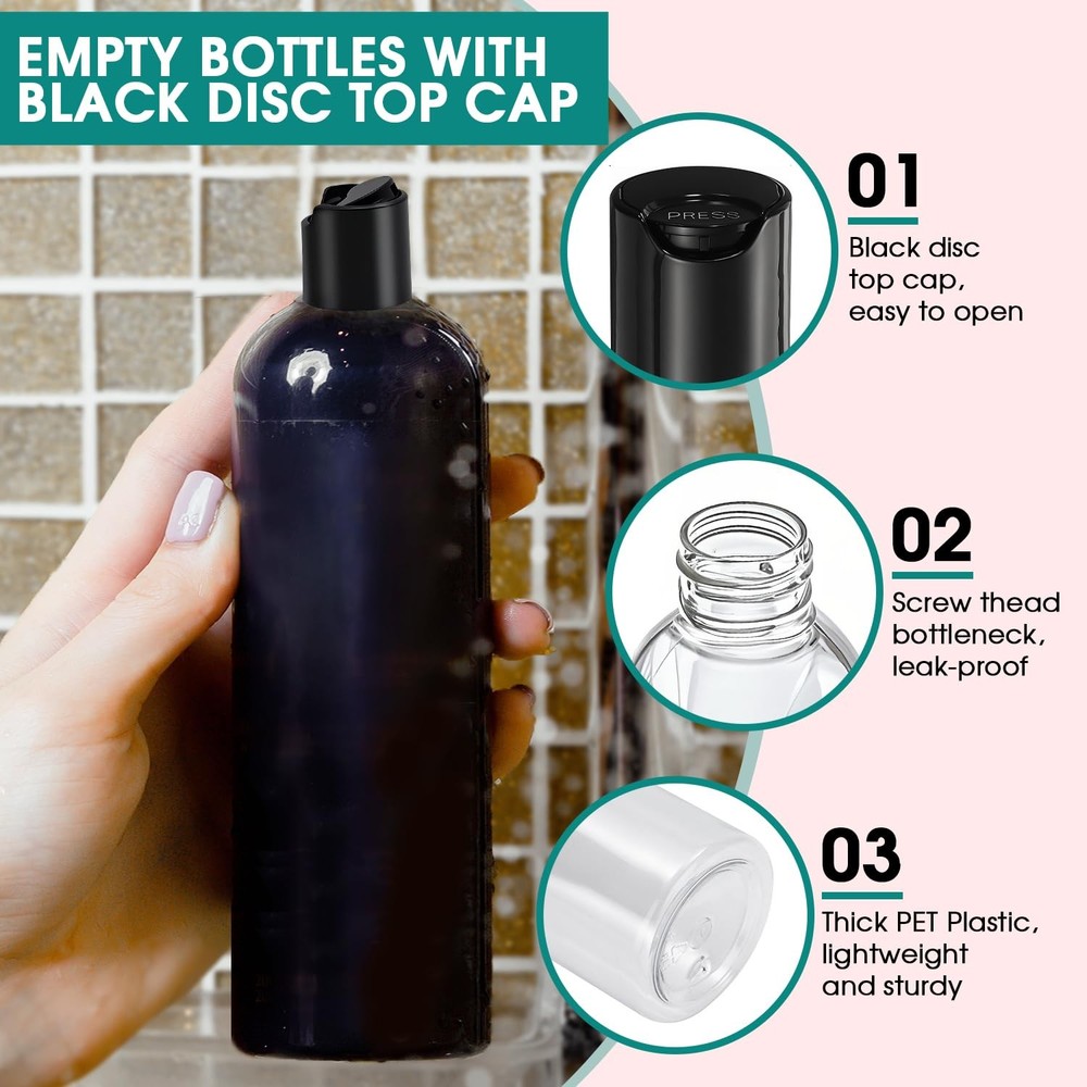 16 oz Clear Plastic Empty Bottles with Black Disc Top Caps, 12 Pcs Squeezable...