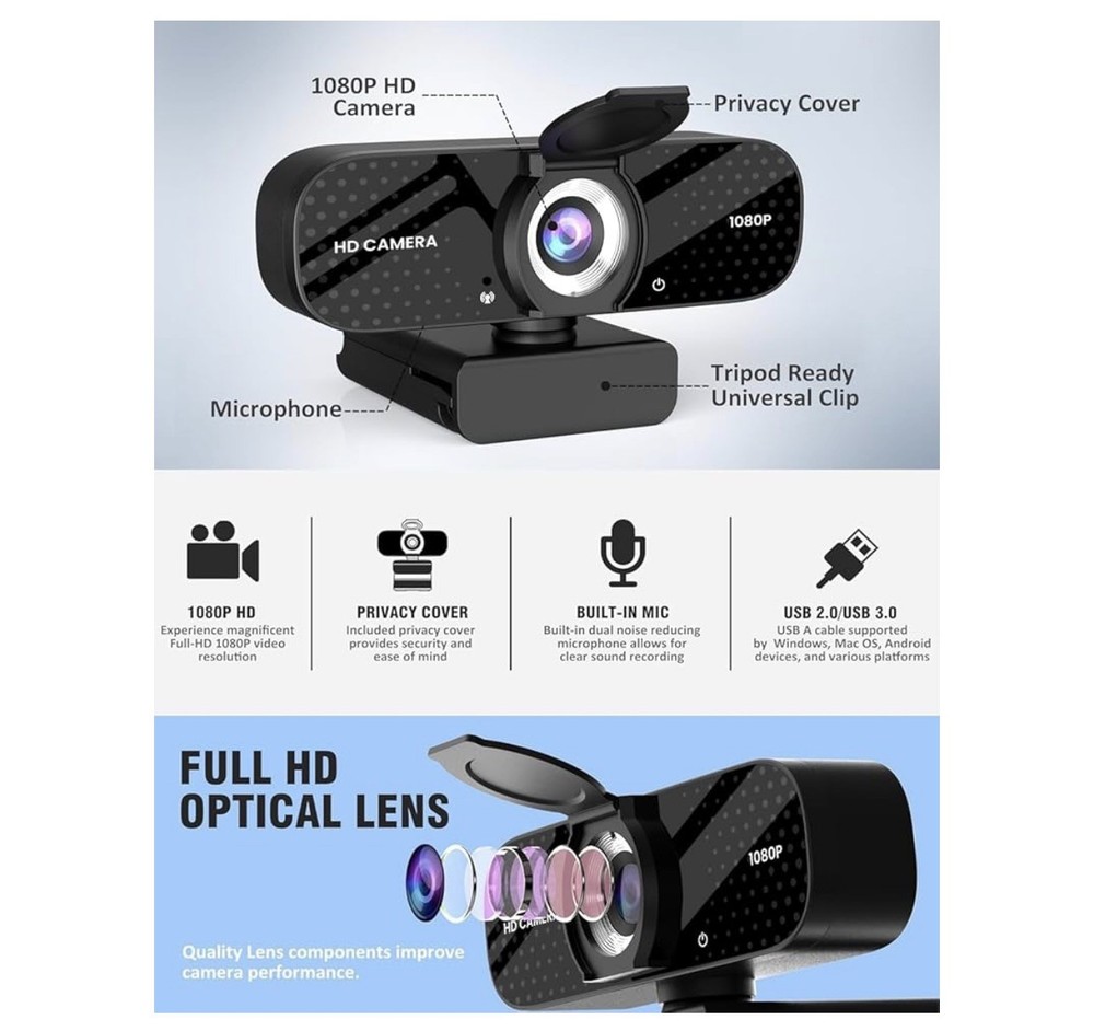 AutoFocus HD Video WebCam , Stereo Microphone., Webcam for PC