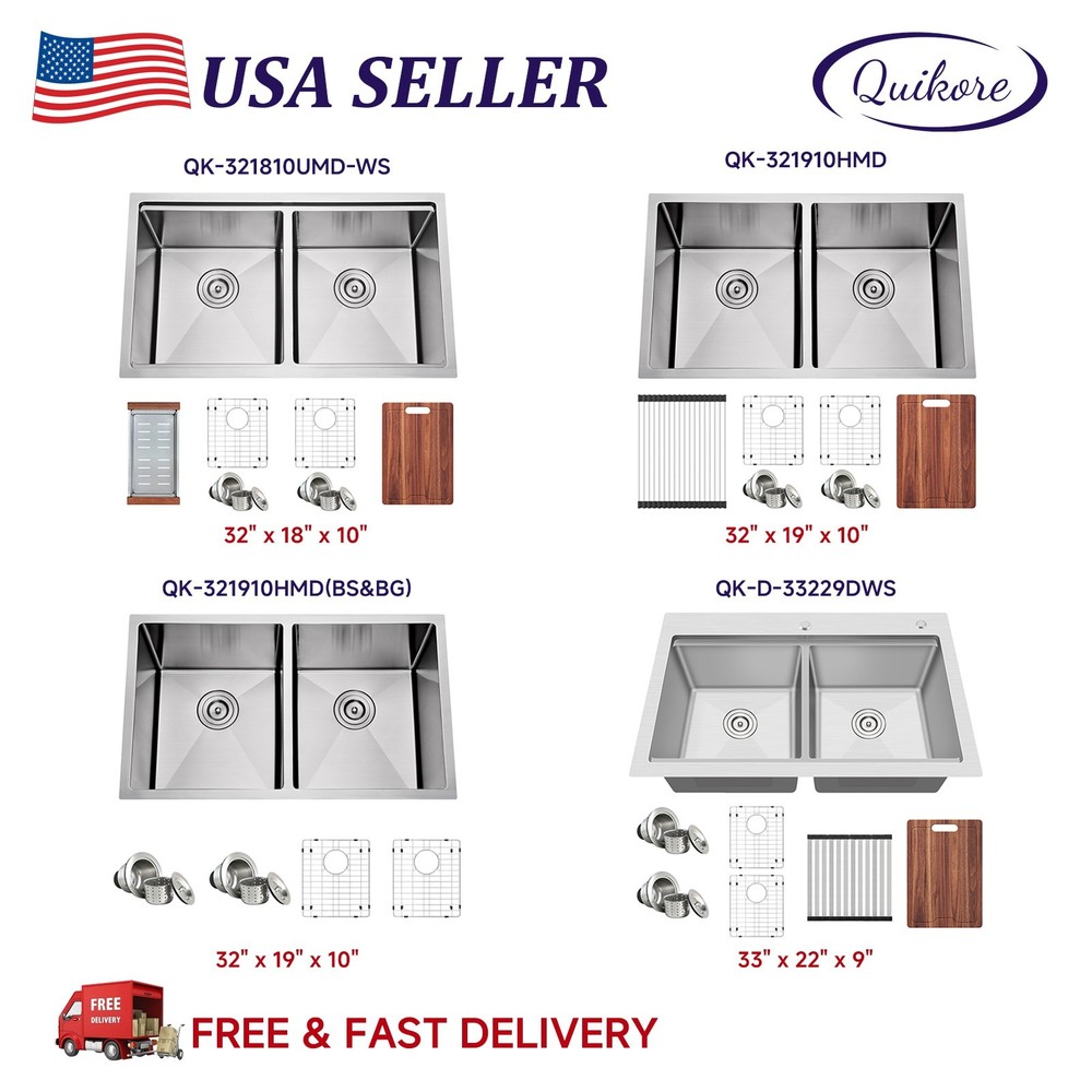 Quikore Rectangular Double Bowl Handmade Multiple Styles and Sizes Kitchen Sink