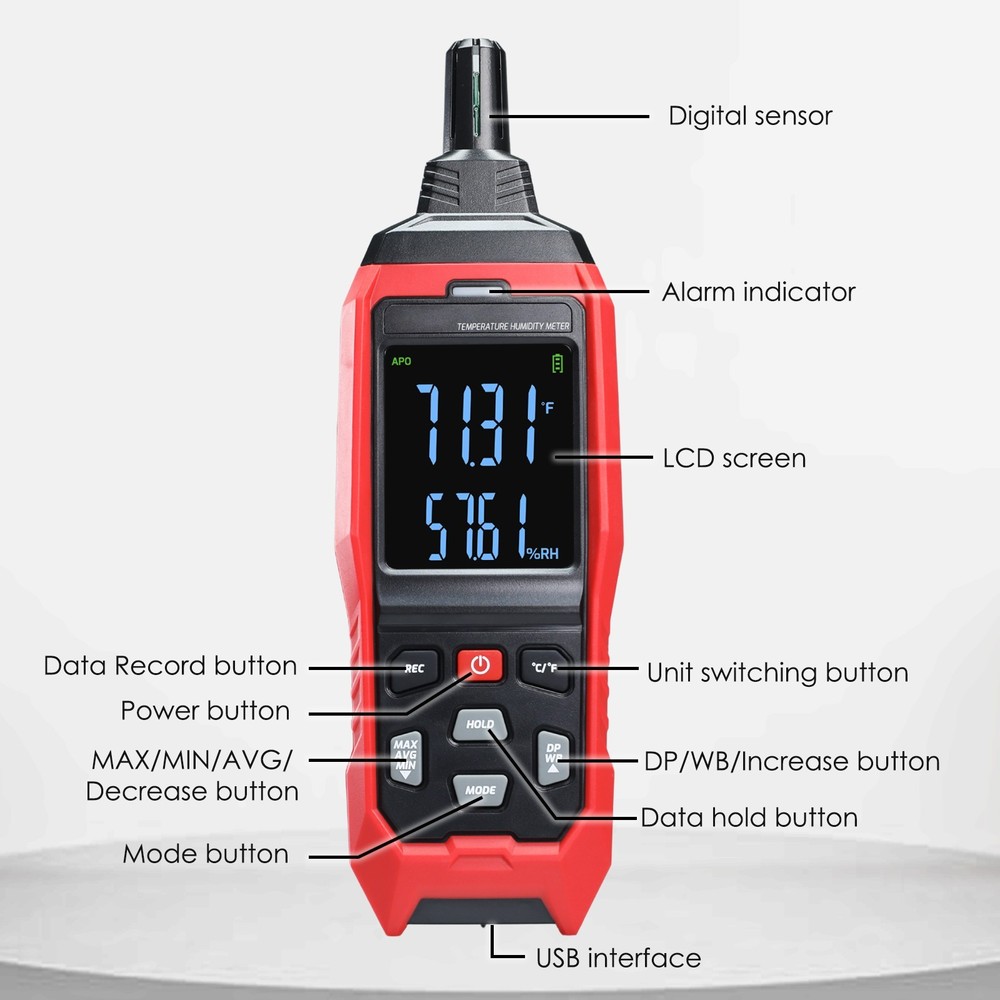 Digital Temperature & Humidity Data Logger Meter, WB & DP Real-Time Measurement