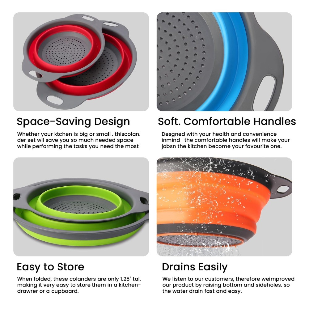 Collapsible Silicone Drain Basket (2-Pack)-space.Saving Foldable Colander & S...
