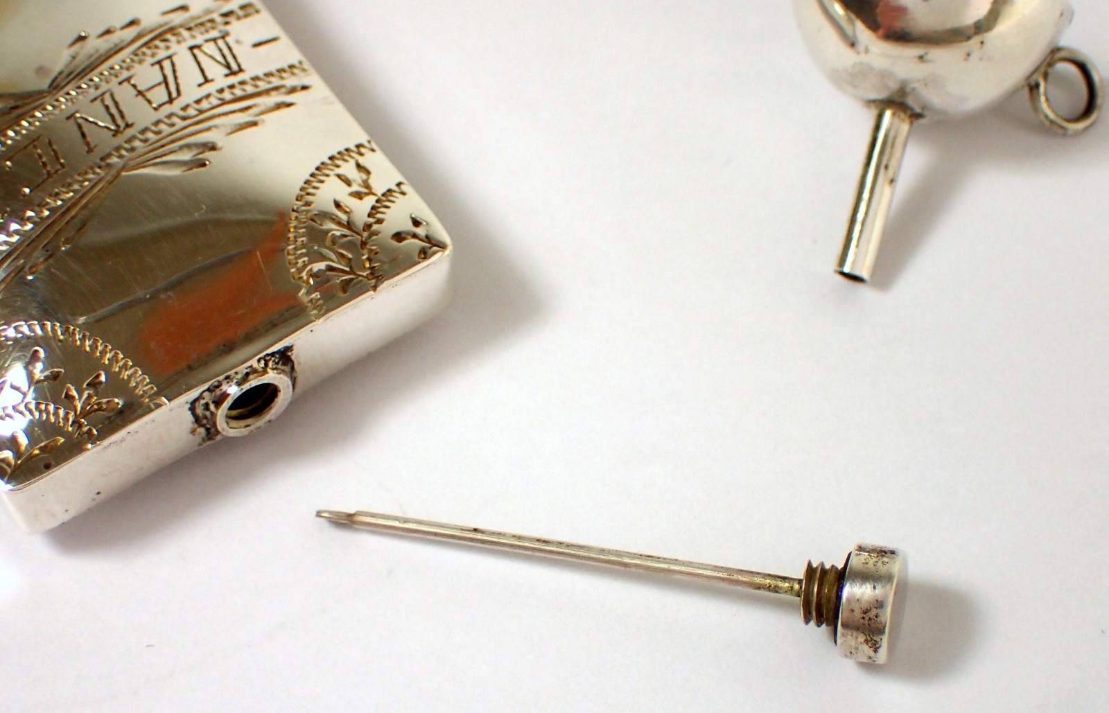 Vtg Mexican Sterling Monterrey Etched NANCY Perfume Scent Bottle Flask w Funnel