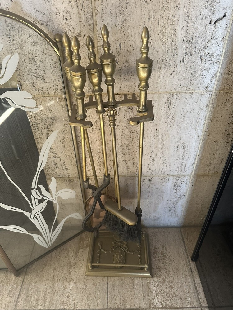 Vintage Glass Fireplace Screen And Tools