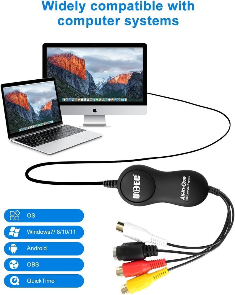 30fps VHS to Digital Conversion Kit with RCA Cable & User Guide for PC/Mac