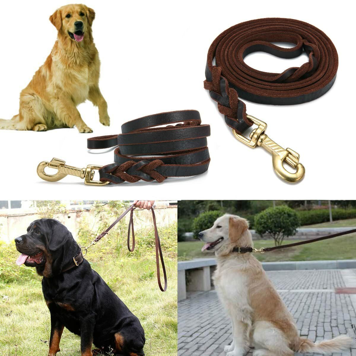 Genuine Leather Dog Leash Braided Heavy Duty Training Lead for Medium Large Dogs