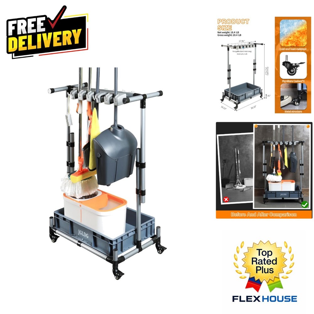 Freestanding Mobile Cleaning Tool Rack with Hooks - Rust Resistant Design