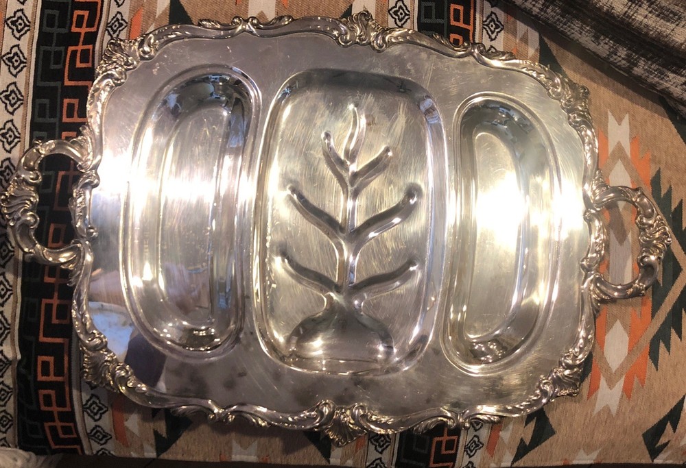 VTG,Heavy,extra large (24"x16")Silverplate Meat Serving Tray W Handles 3 Section