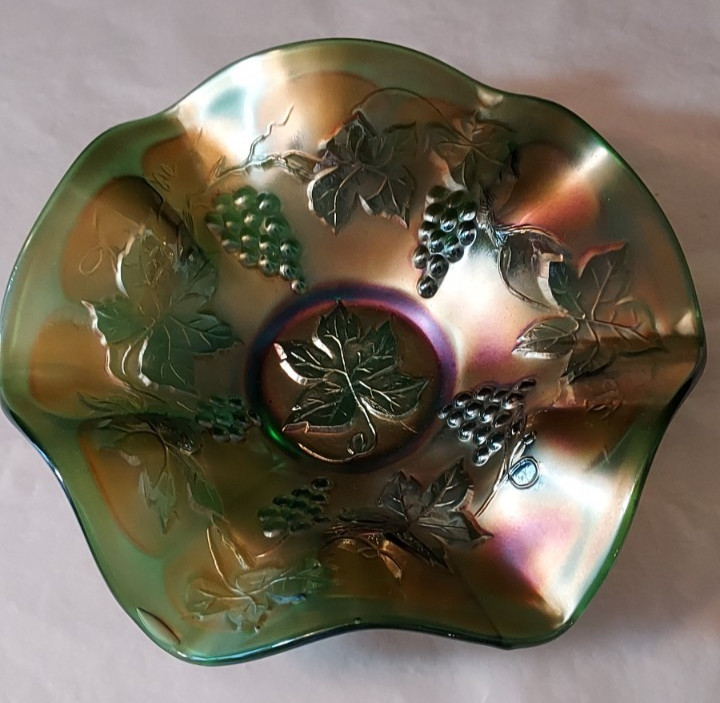 Fenton Grape and Leaves Green Iridescent Carnival Glass Bowl 1911-1918
