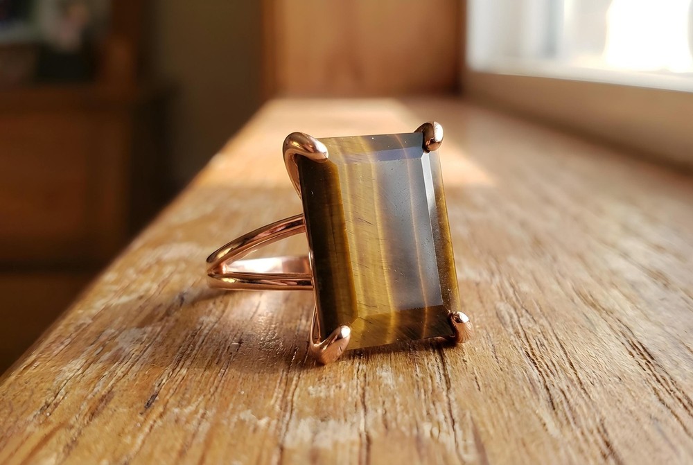 Sterling Silver Tiger Eye Ring Handmade Rectangle Gemstone Lightweight Fit