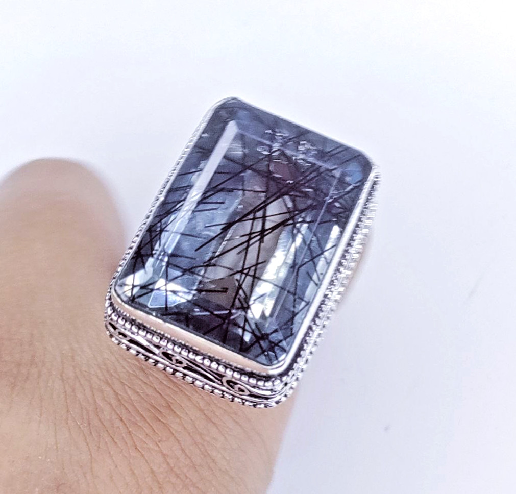 Black Rutialted Quartz Gemstone Handmade 925 Sterling Silver Jewelry Ring