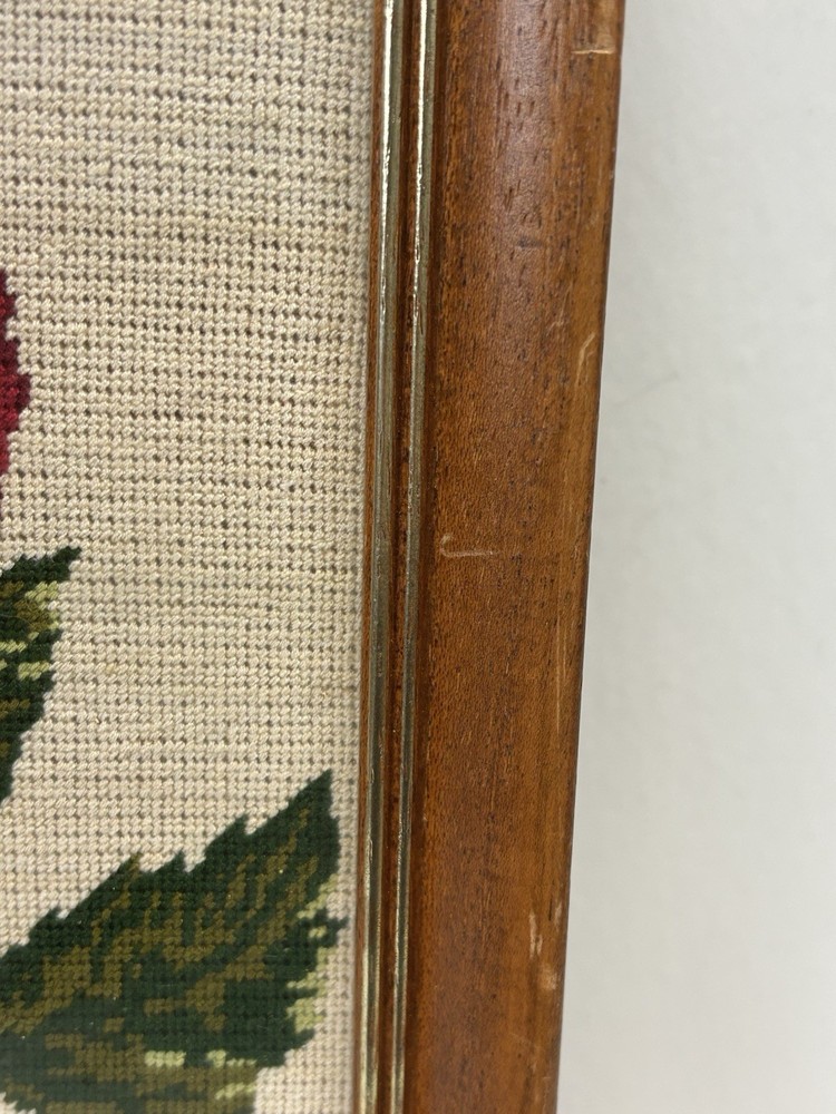 Vtg Framed Floral Roses Needlework Art Rectangular Gallery Wall Kitschy
