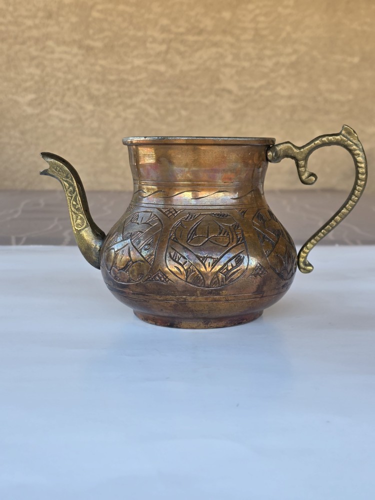 Antique Tinned Copper Ewer Hand Hammered Islamic Middle Eastern Pitcher
