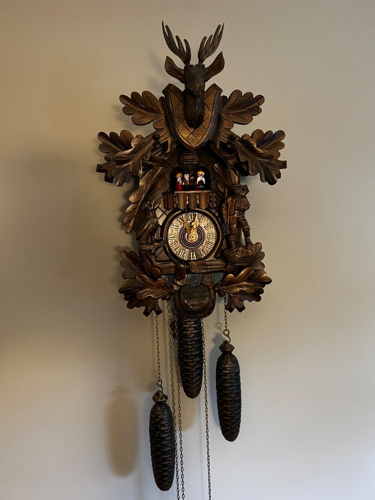 Authentic Black Forest German Cuckoo Clock – Hand-Carved Deer Hunter Theme