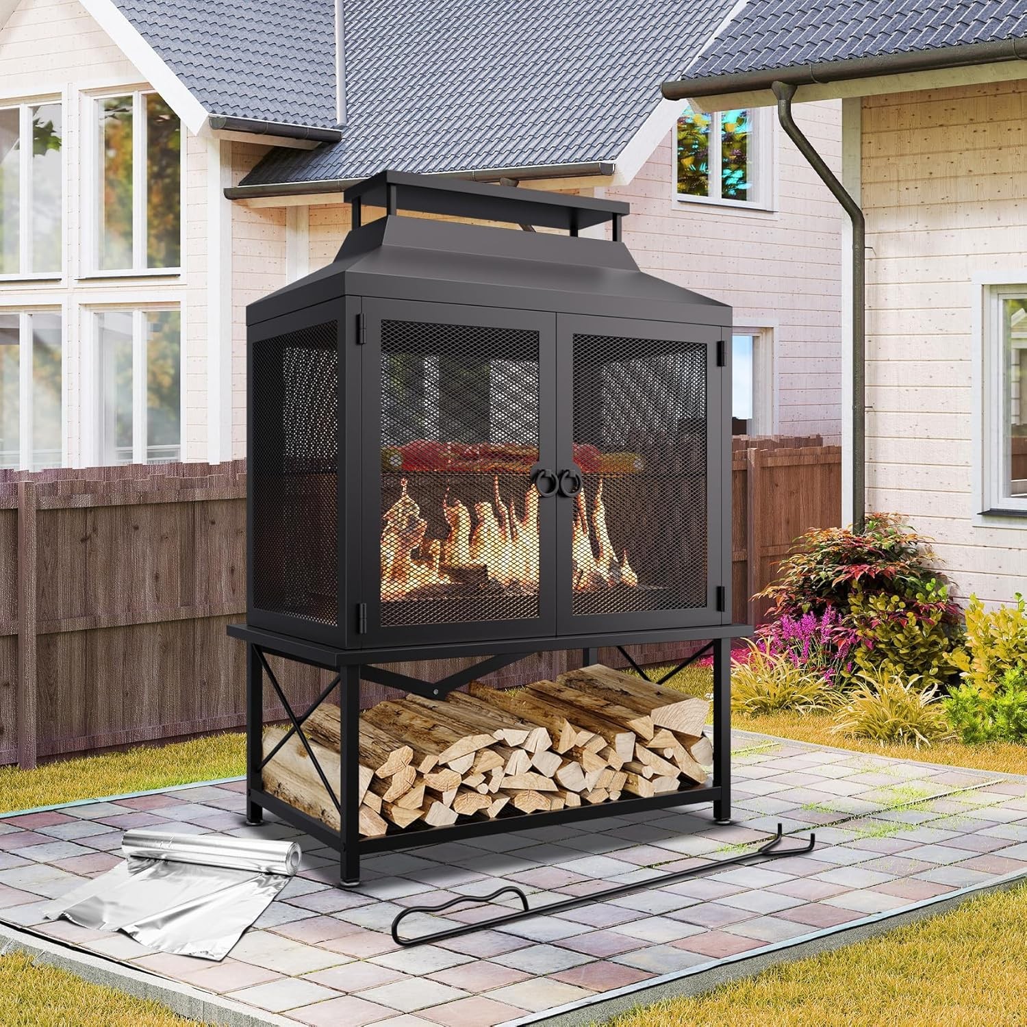 2-in-1 Metal Chiminea Fireplace with Grill with Wood Storage & Chimney for Yards