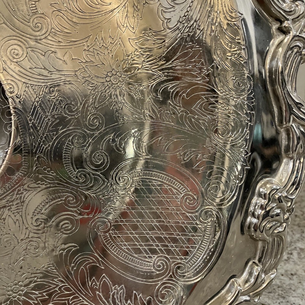 International Silver Co. Round Serving Platter w/ Etching & Scroll Edge