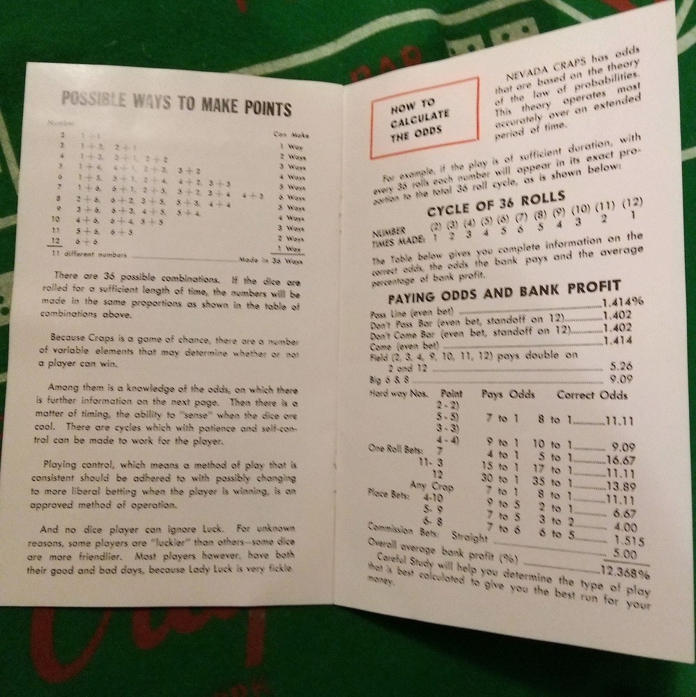 Vtg. E.S. Lowe Nevada Craps Layout Cloth, Dice, Book.