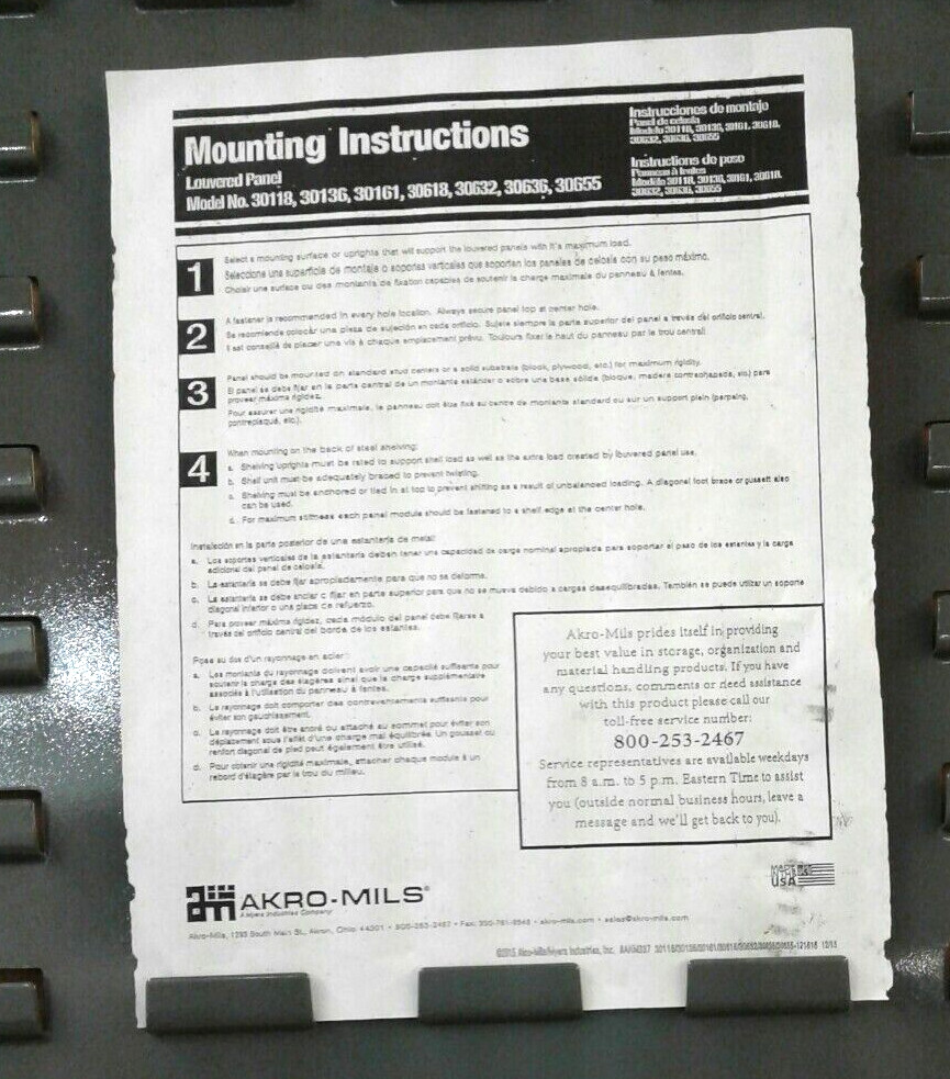 Akro-Mils 30161 36"x 61" Steel Louvered Panel Gray Wall Mount 1000 Lb Capacity