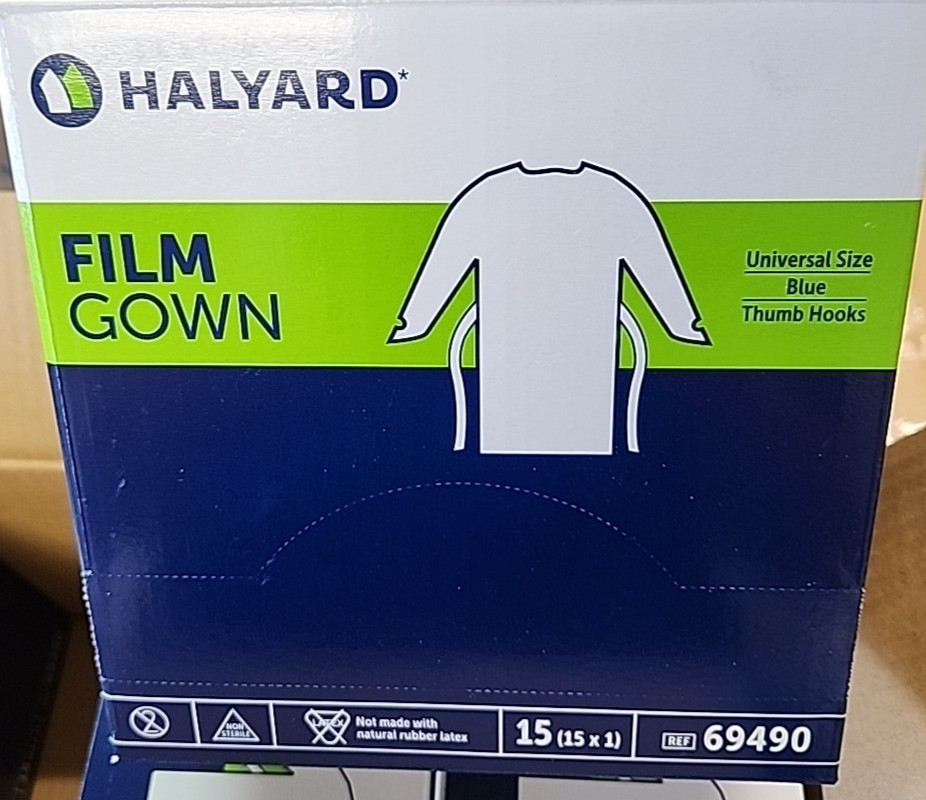 Halyard 69490 Film Gown, Blue, Thumb Hooks/Universal Size/Case of 75