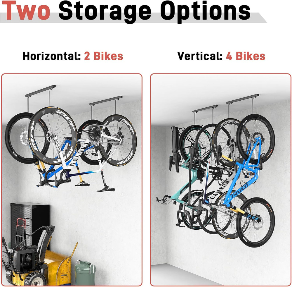 Space-Saving Ceiling Bike Rack for 2 Bikes Horizontally or 4 Vertically